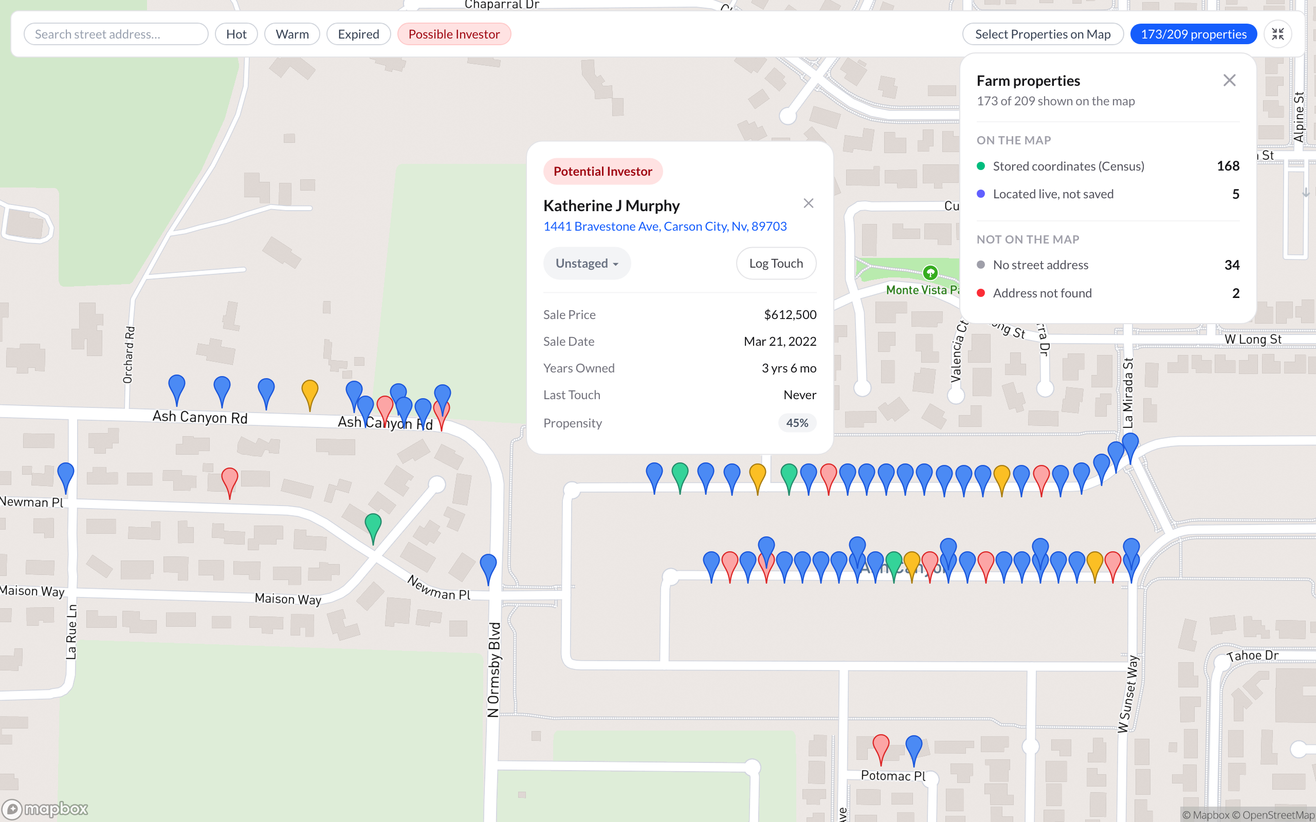 Full-screen farm map with a property card open and the properties-on-map breakdown