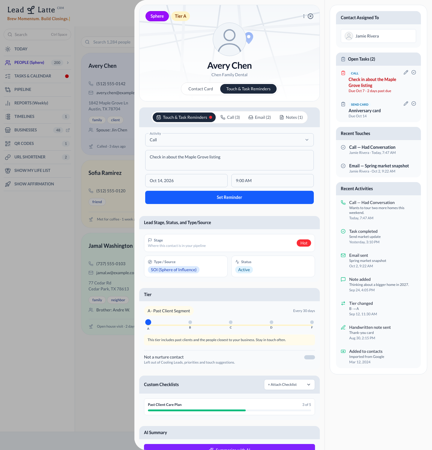 Touch and task reminders with stage, tier and checklists