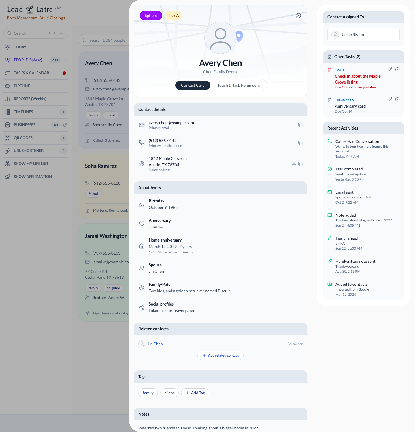 Contact card with details, about, related contacts and tags